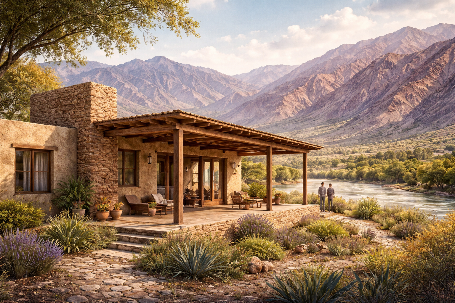 Casa de arquitectura de tierra junto al río en los Valles Calchaquíes